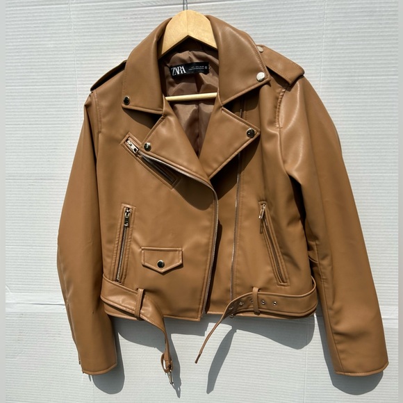Zara bloggers favourite Women Faux Leather Biker Jacket Light Camel Size L - Picture 13 of 15